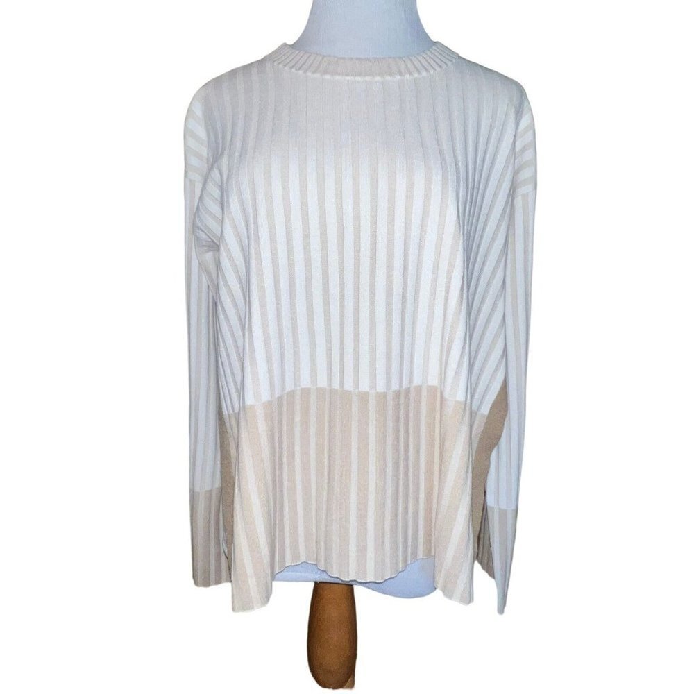 Club Monaco Woman's Large Renie Chandails Fawn Khaki Striped‎ Ribbed Side Slits